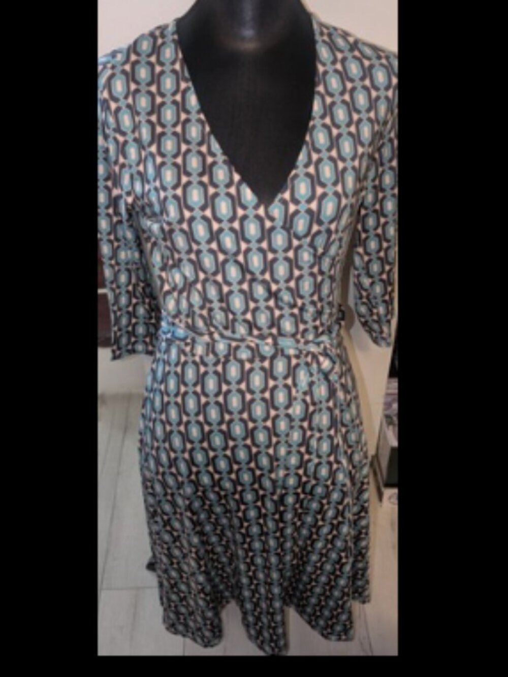 NWT Leota Womens Blue Geometric V-Neck Belted 3/4 Sleeve Wrap Dress Womens Sz S